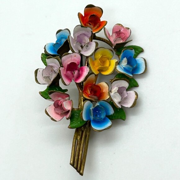 Made in Austria Jewelry - Vintage Austrian Enamel Flower Bouquet Brooch Hand Painted Multicolor Floral